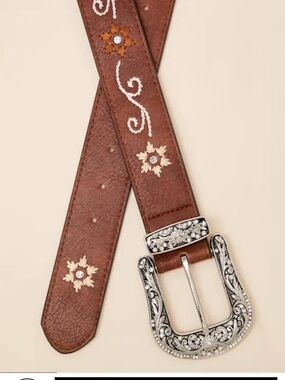 Lulu's Chaney Brown Embroidered Rhinestone vegan Leather Belt with Silver Buckle
